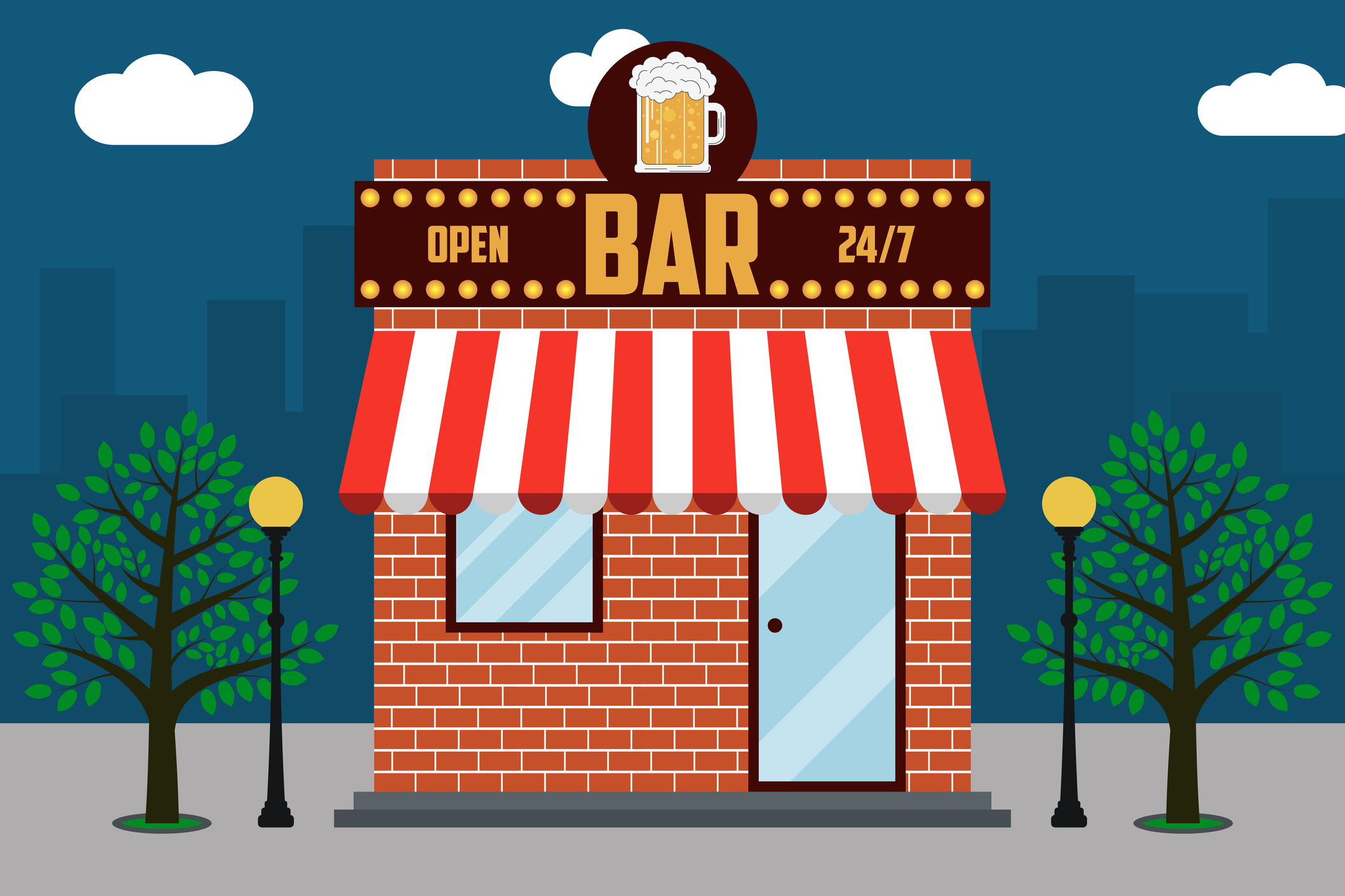 Beer bar building facade with signboard with glass of beer, street lamps, trees. Illustration at night city landscape background. Vector