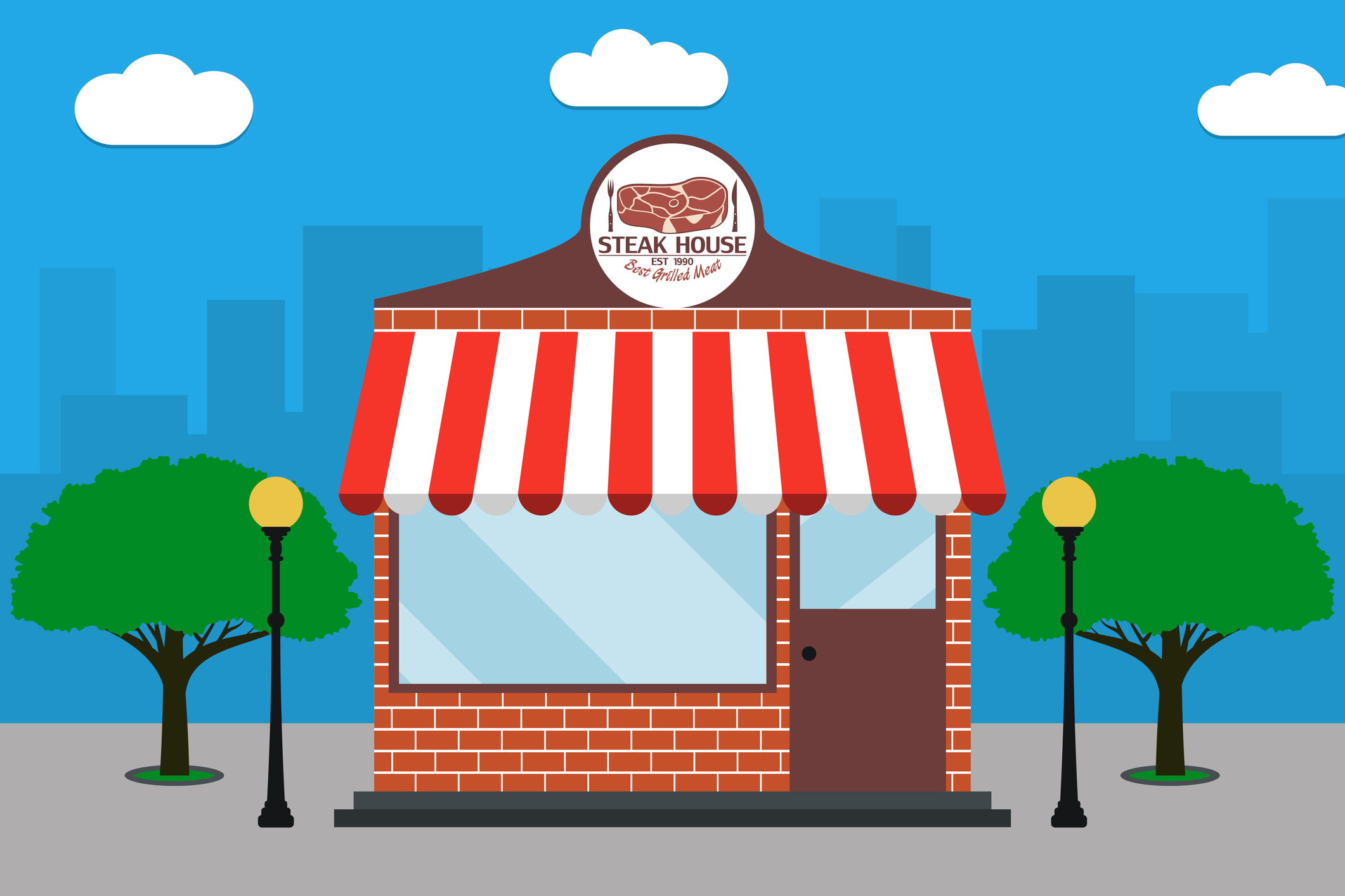 Steak House building. Grill Restaurant facade with signboard with meat, street lamps, trees. Cafe at city landscape background. Vector